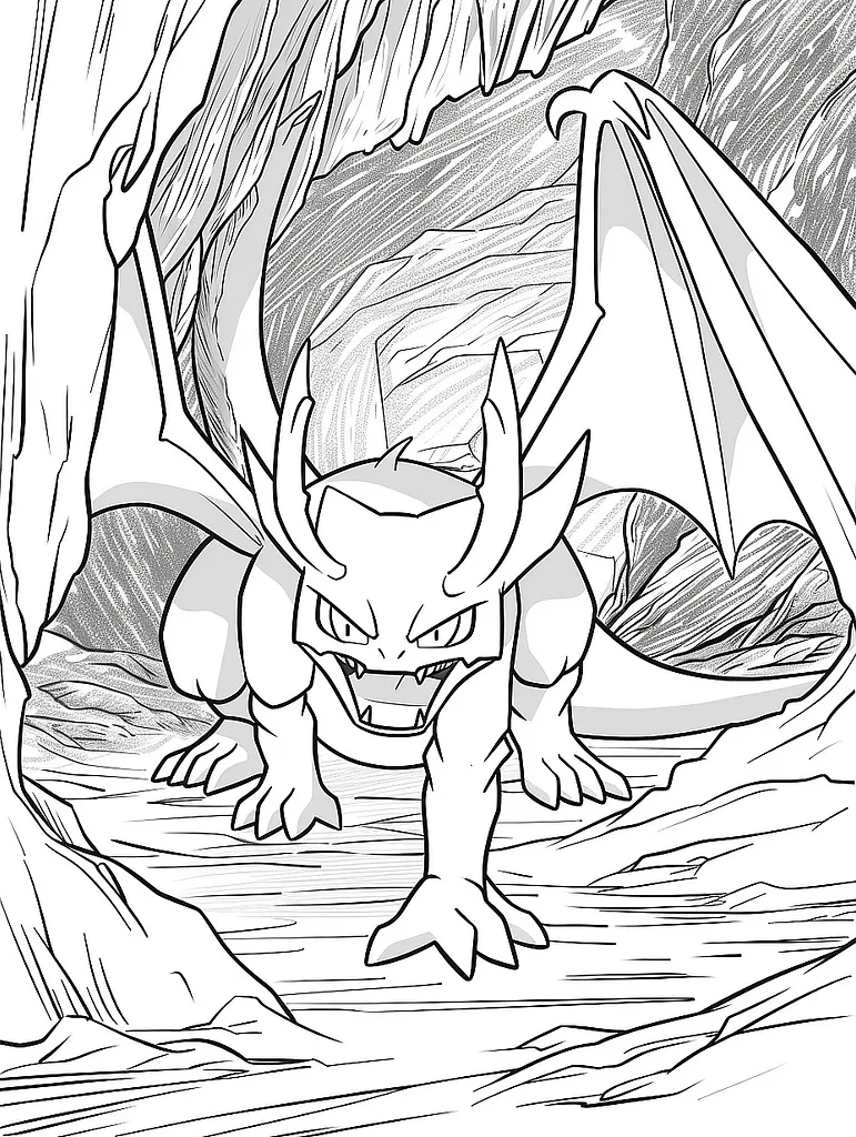 Fierce Crobat Pokemon in Dark Cave Coloring Page 2