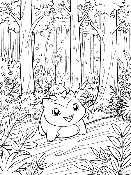 Happy Hitmontop in the Forest Coloring Page