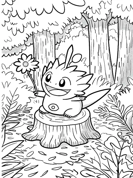 Happy Hitmontop in the Forest Coloring Page - 1