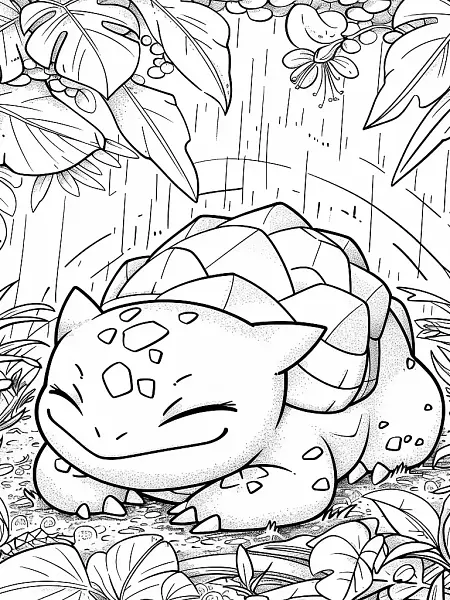 Bulbasaur relaxing in a lush tropical rainforest