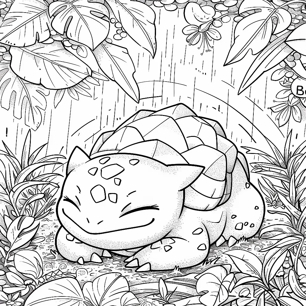 Bulbasaur relaxing in a lush tropical rainforest