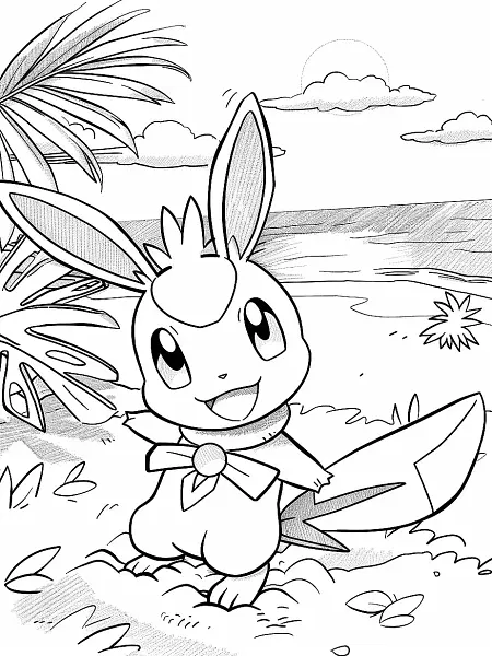 Happy Bounsweet on a Tropical Beach Coloring Page - 1