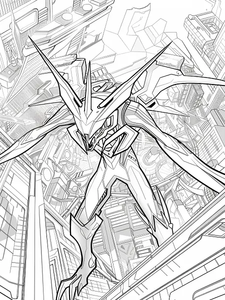 Necrozma Coloring Page with Futuristic Cityscape Background - 3