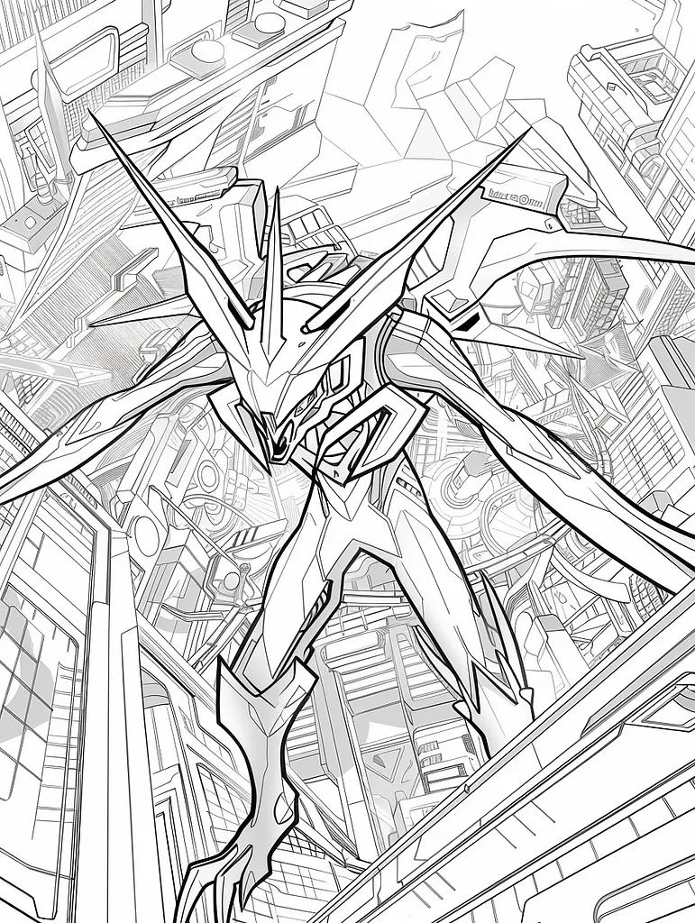 Necrozma Coloring Page with Futuristic Cityscape Background 4