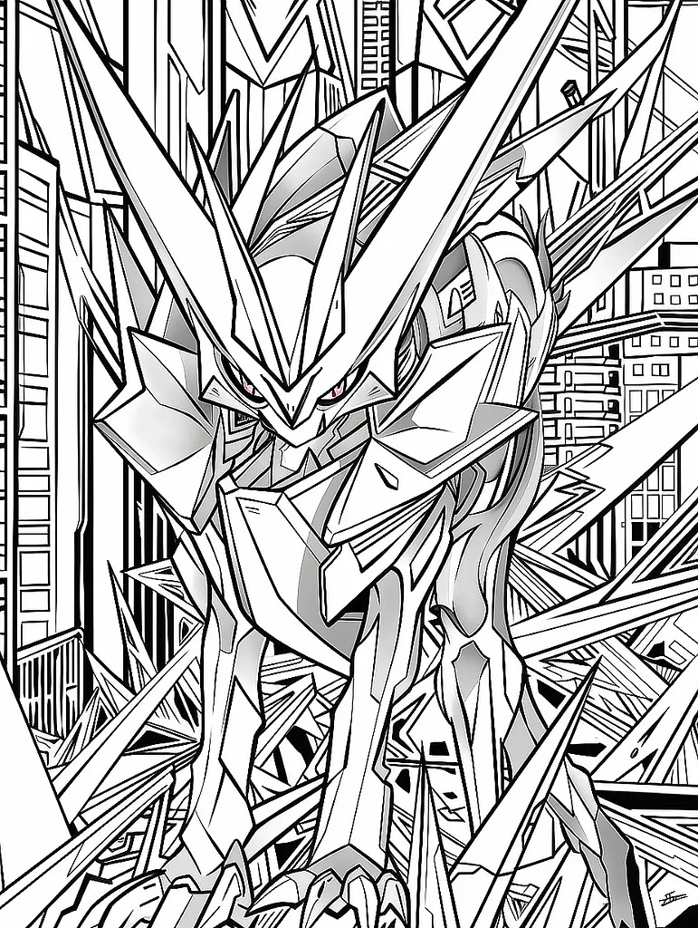 Necrozma Coloring Page with Futuristic Cityscape Background