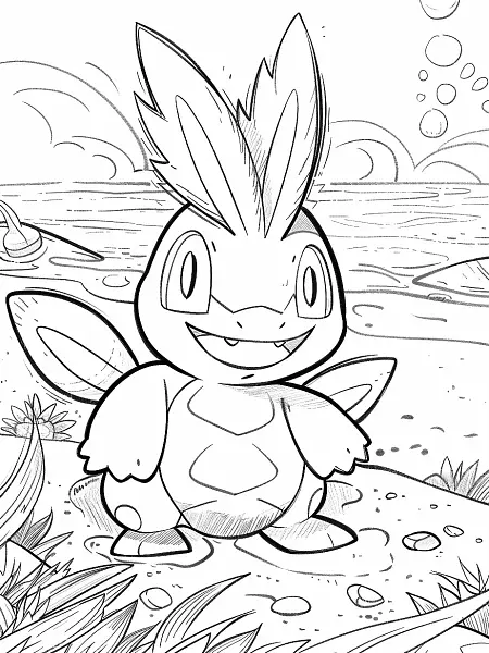 Joyful Mudkip on the Beach Coloring Page - 1