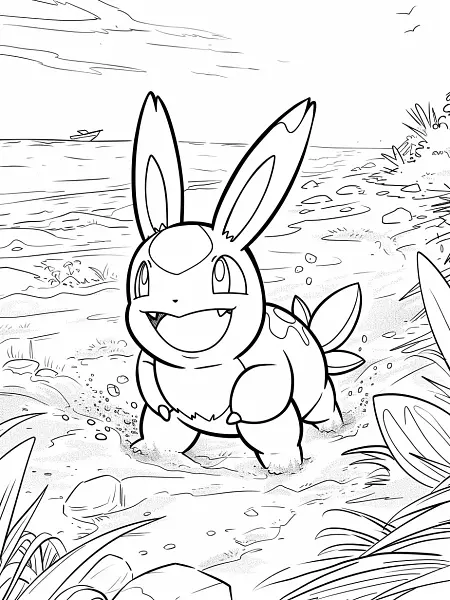 Joyful Mudkip on the Beach Coloring Page - 3