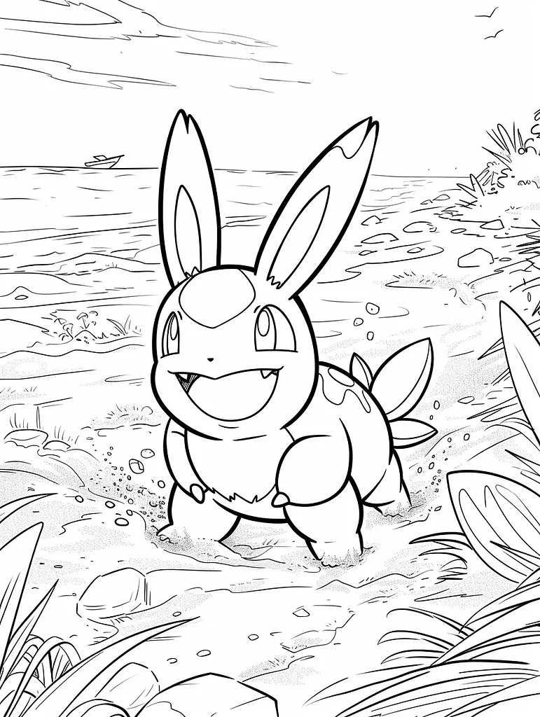 Joyful Mudkip on the Beach Coloring Page 4