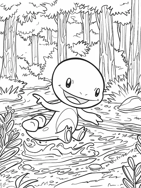 Joyful Wooper Pokemon in Forest Background Coloring Page - 1