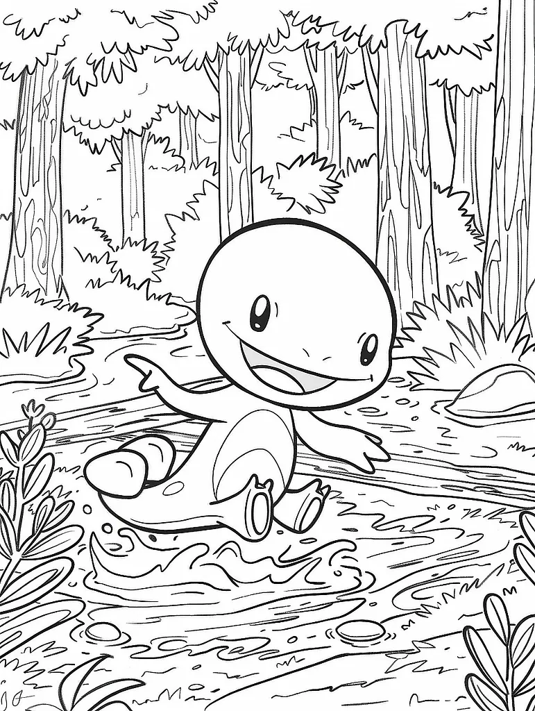 Joyful Wooper Pokemon in Forest Background Coloring Page 2