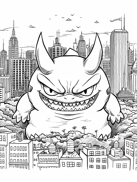 Angry Weezing Pokemon in Cityscape Line Art - 3