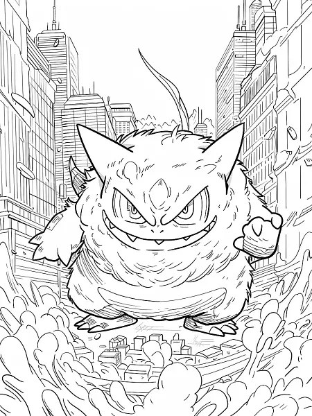 Angry Weezing Pokemon in Cityscape Line Art - 2