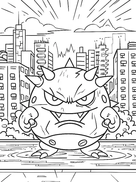 Angry Weezing Pokemon in Cityscape Line Art - 0