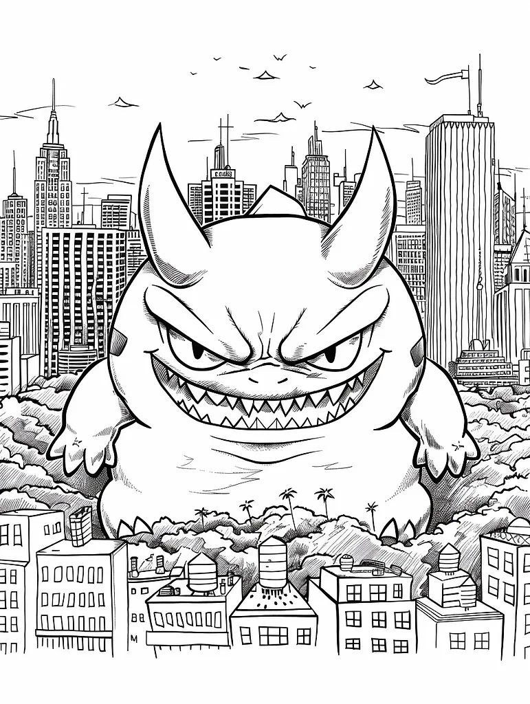 Angry Weezing Pokemon in Cityscape Line Art 4