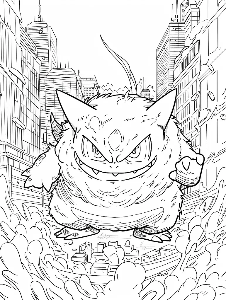 Angry Weezing Pokemon in Cityscape Line Art 3