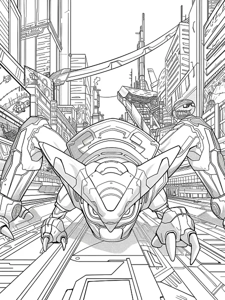 Fierce Metagross in Futuristic City Coloring Page - 2