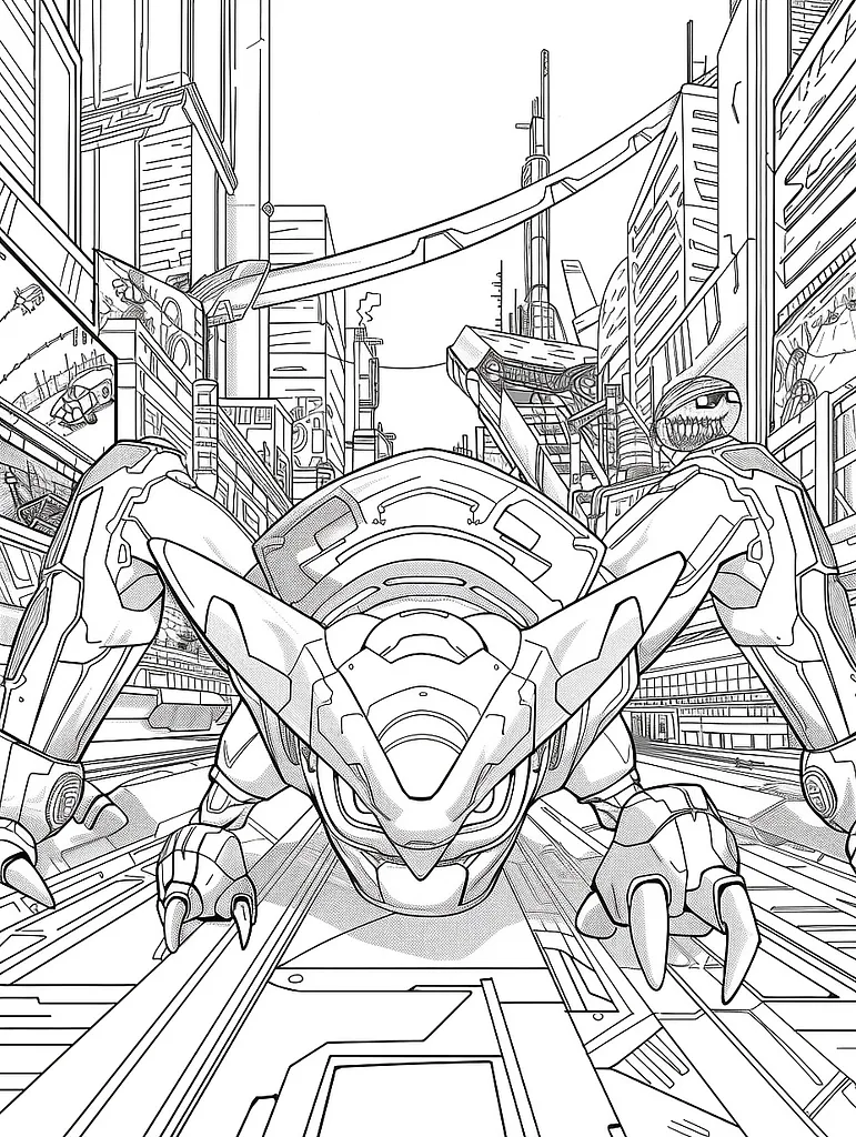 Fierce Metagross in Futuristic City Coloring Page 3