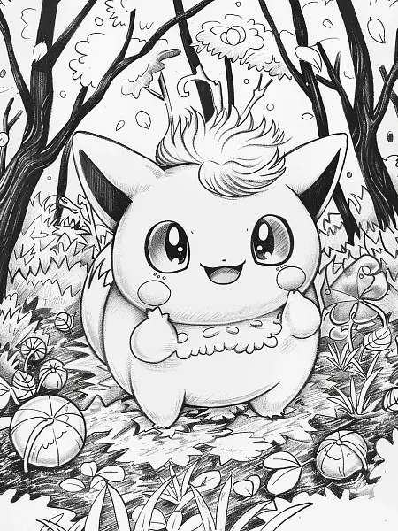 Jigglypuff Pokemon in a Whimsical Forest Coloring Page - 1