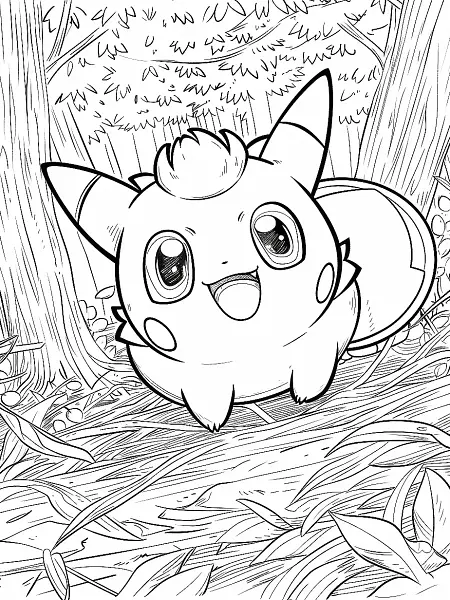 Jigglypuff Pokemon in a Whimsical Forest Coloring Page - 0