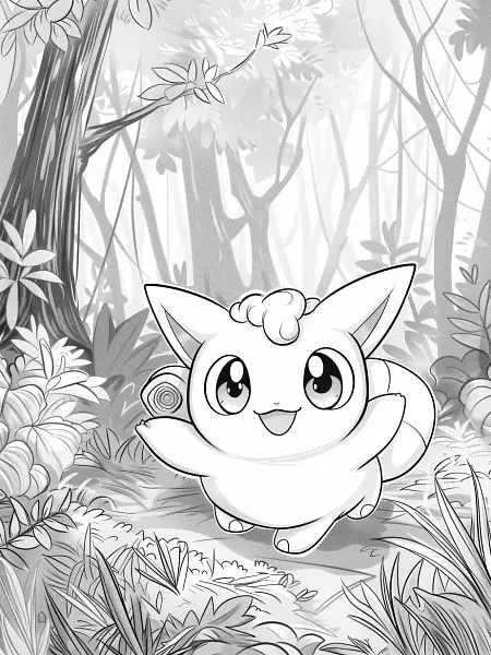 Jigglypuff Pokemon in a Whimsical Forest Coloring Page - 3