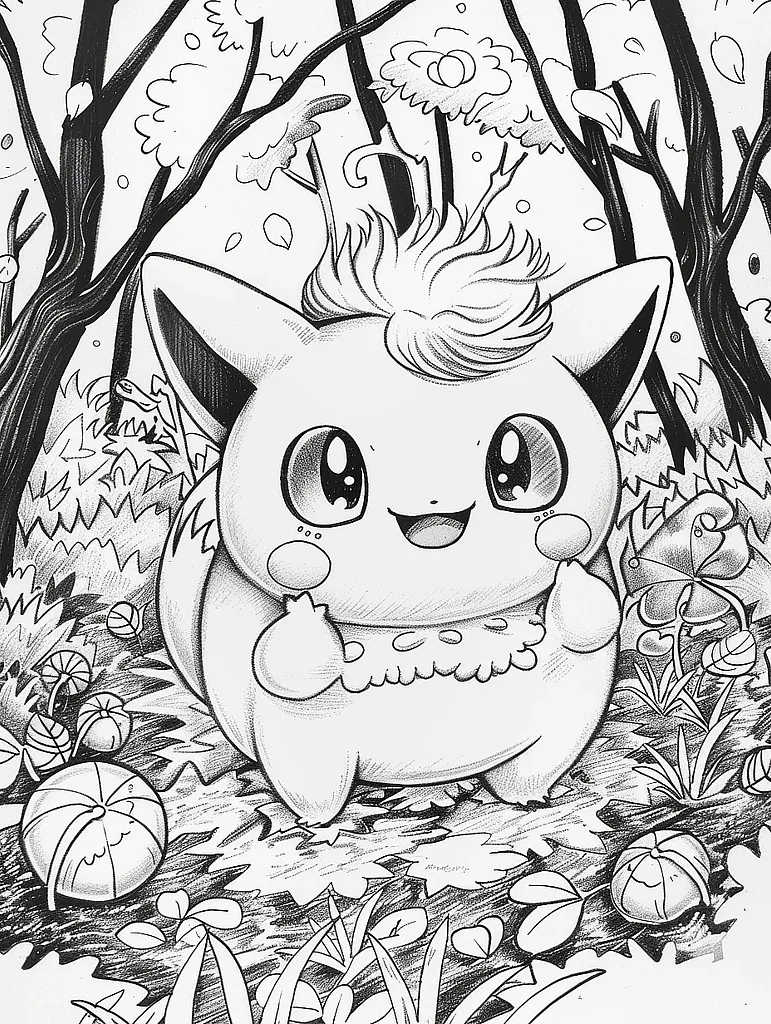 Jigglypuff Pokemon in a Whimsical Forest Coloring Page 2