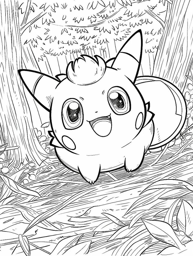 Jigglypuff Pokemon in a Whimsical Forest Coloring Page