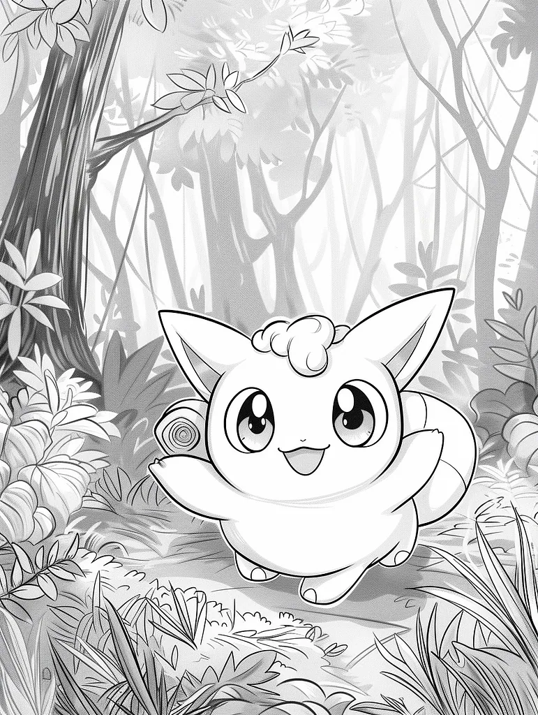 Jigglypuff Pokemon in a Whimsical Forest Coloring Page 4