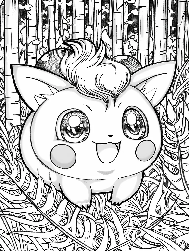 Jigglypuff Pokemon in a Whimsical Forest Coloring Page 3