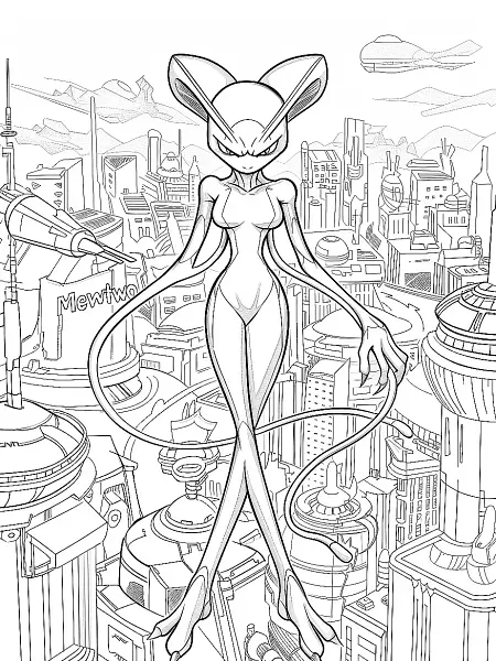 Mewtwo in a Futuristic Cityscape