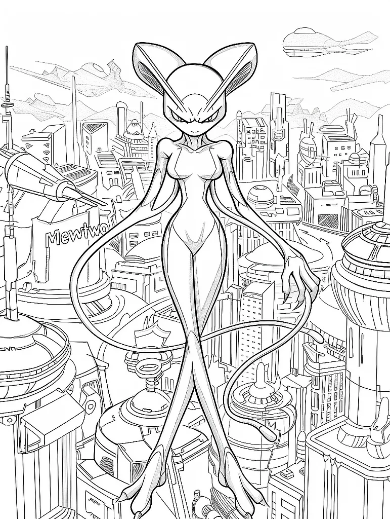 Mewtwo in a Futuristic Cityscape