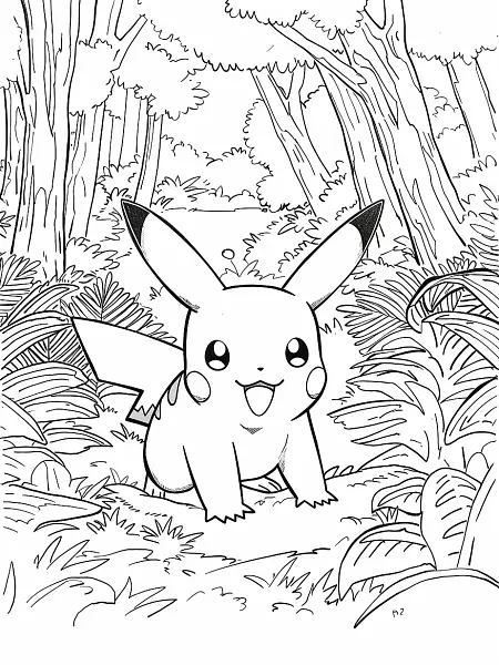 Happy Pikachu in the Forest Coloring Page - 2