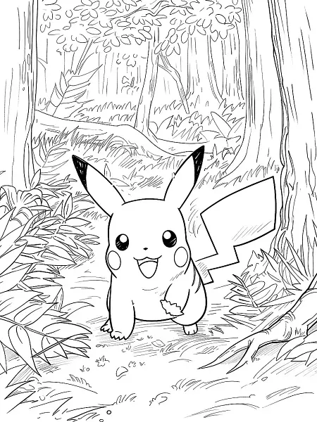 Happy Pikachu in the Forest Coloring Page - 1