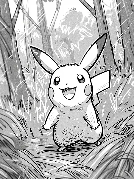 Happy Pikachu in the Forest Coloring Page - 0