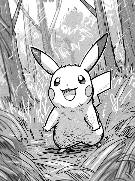 Happy Pikachu in the Forest Coloring Page