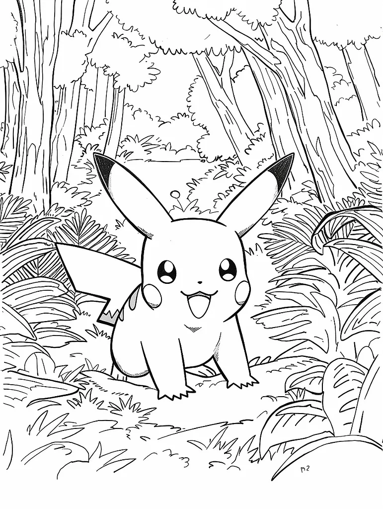 Happy Pikachu in the Forest Coloring Page 3