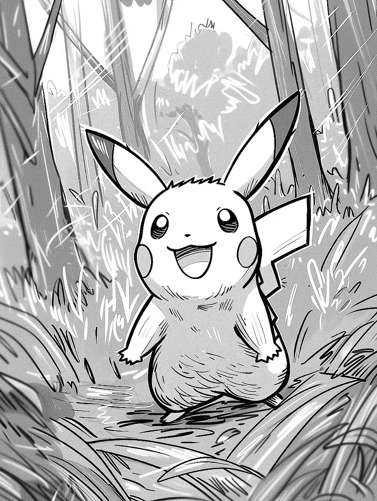 Happy Pikachu in the Forest Coloring Page