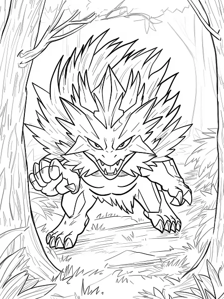 Fierce Zygarde in Forest - Clean Line Art Coloring Page - 2