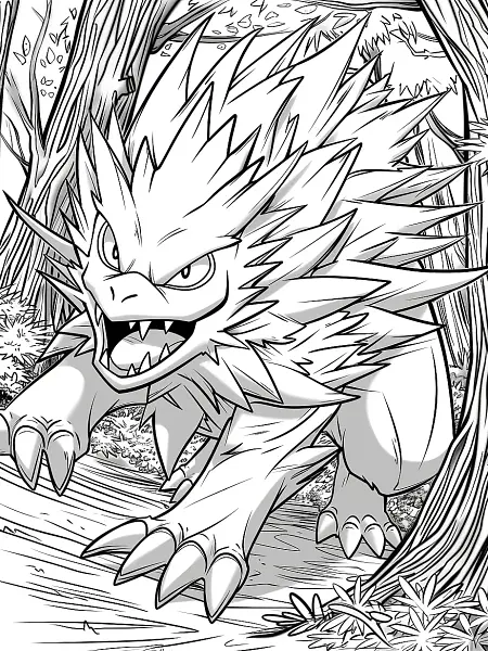 Fierce Zygarde in Forest - Clean Line Art Coloring Page - 1