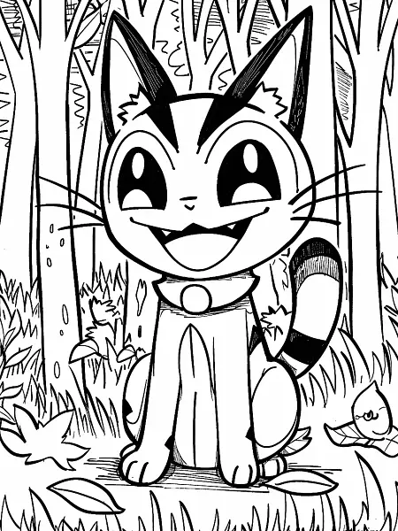 Joyful Meowscarada in Enchanted Forest Coloring Page - 1