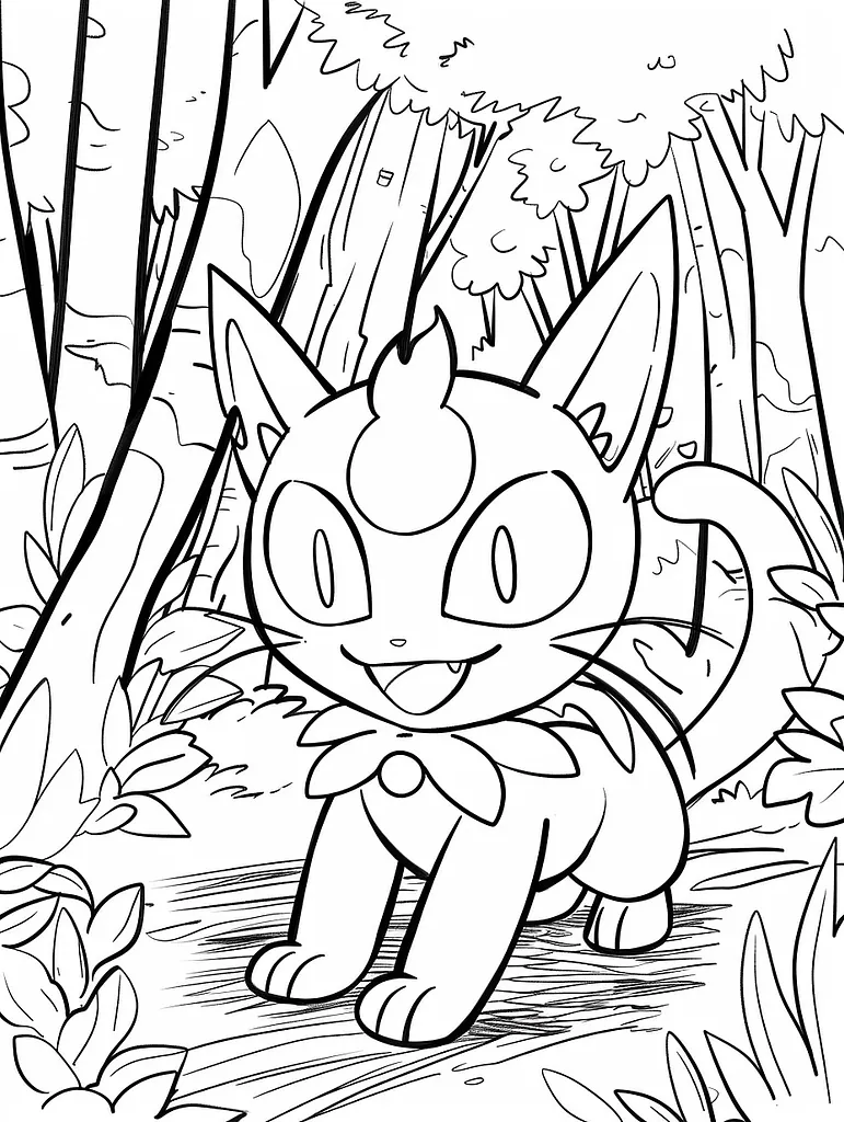 Joyful Meowscarada in Enchanted Forest Coloring Page 4