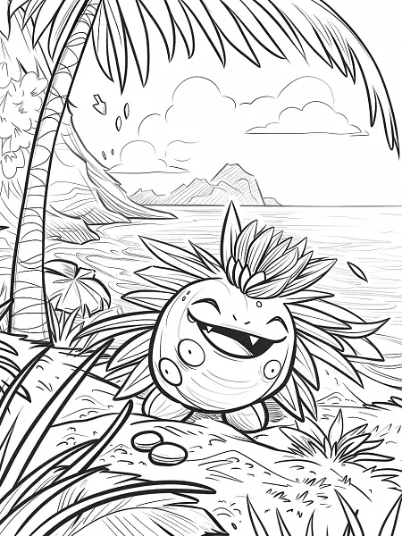 Tapu Fini Pokemon Coloring Page with Tropical Beach Background - 2