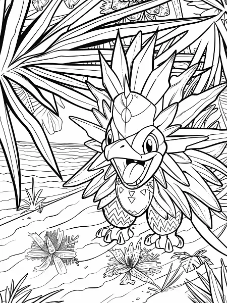 Tapu Fini Pokemon Coloring Page with Tropical Beach Background - 3