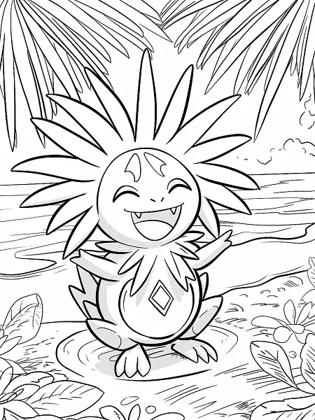 Tapu Fini Pokemon Coloring Page with Tropical Beach Background - 1