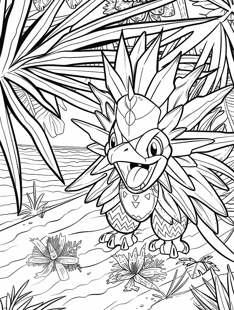 Tapu Fini Pokemon Coloring Page with Tropical Beach Background 4