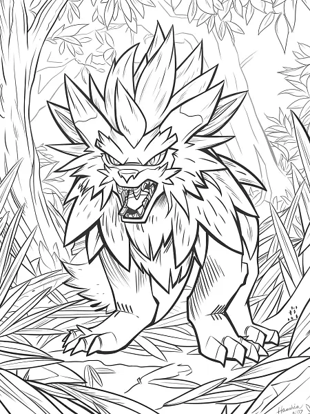 Arcanine Pokemon in a Forest Coloring Page - 3