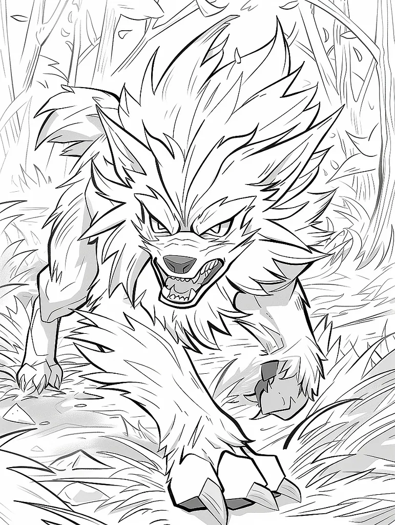 Arcanine Pokemon in a Forest Coloring Page 2