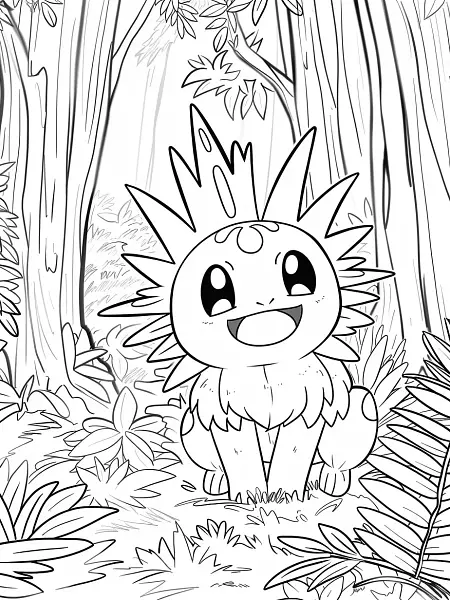 Chikorita Pokemon Coloring Page - Happy in the Forest - 3