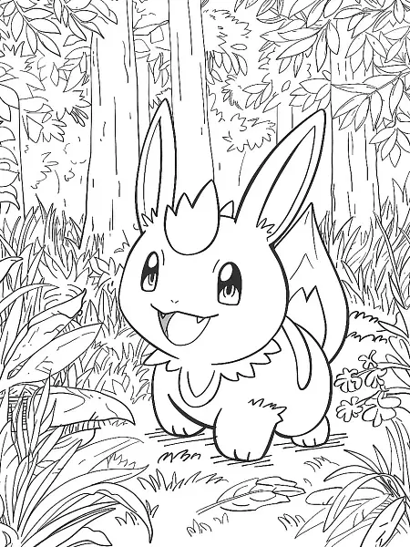 Chikorita Pokemon Coloring Page - Happy in the Forest - 0