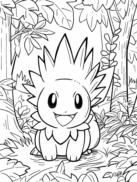 Chikorita Pokemon Coloring Page - Happy in the Forest - 2