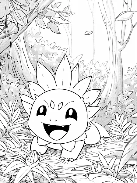 Chikorita Pokemon Coloring Page - Happy in the Forest - 1